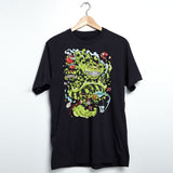 StonerDays Wonderland Men's T-Shirt in black with vibrant graphic print, front view on hanger