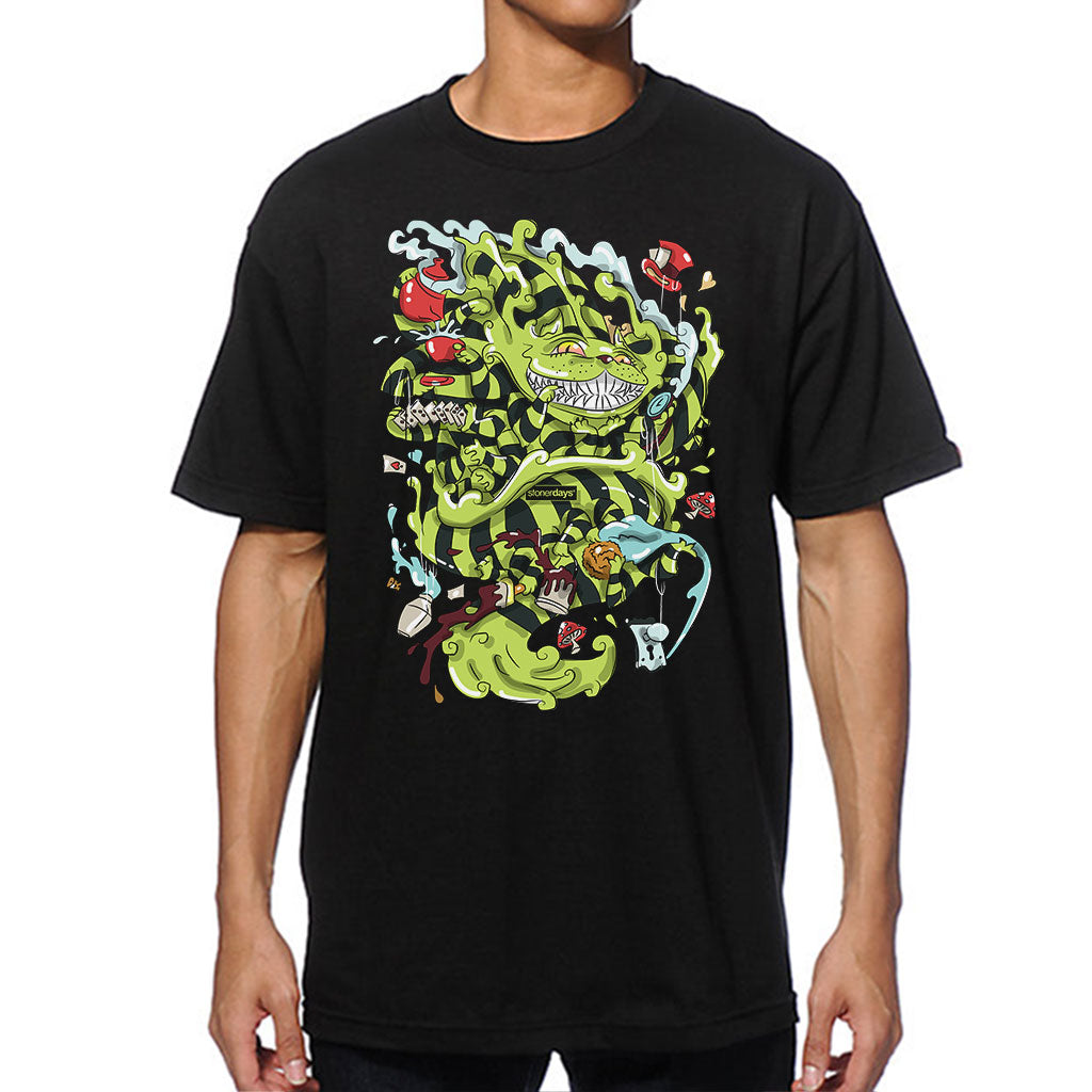 StonerDays Wonderland Men's Shirt in black, sizes S-3XL, front view on white background