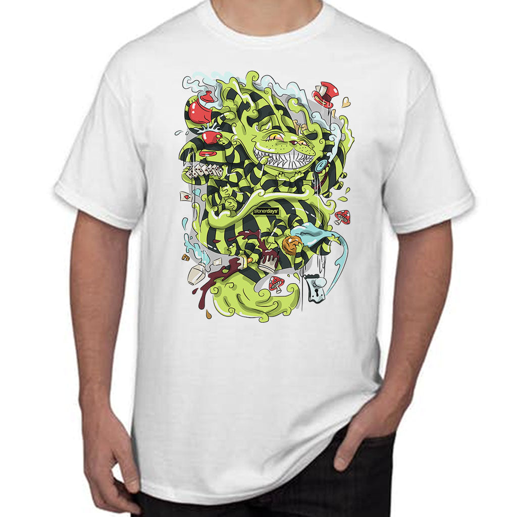 StonerDays Wonderland White Tee with vibrant chillum design, front view on model