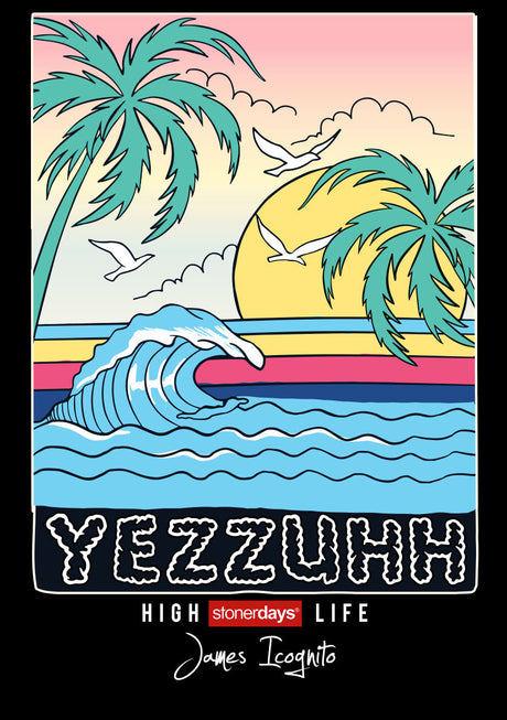 StonerDays Yezzuhh Crop Top Hoodie design with palm trees, waves, and sunset