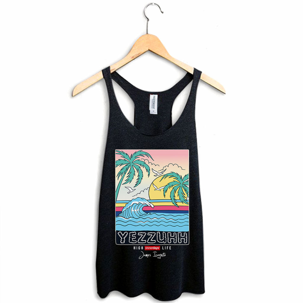 StonerDays Yezzuhh Women's Racerback Tank Top, Black with Tropical Print, Sizes S-XXL