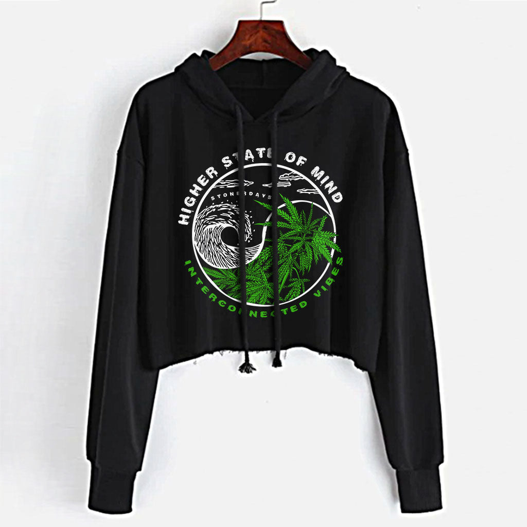 StonerDays Yin Yang Crop Top Hoodie for Women, Black Cotton, Sizes S to XL