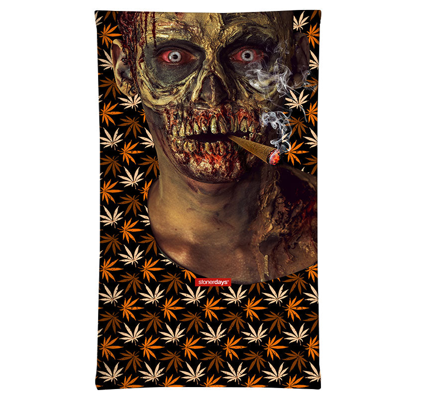 StonerDays Zonked Zombie Neck Gaiter featuring cannabis leaf pattern and zombie design, made of polyester.