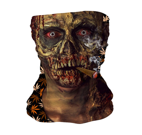 StonerDays Zonked Zombie Neck Gaiter with cannabis leaf design, front view on white background