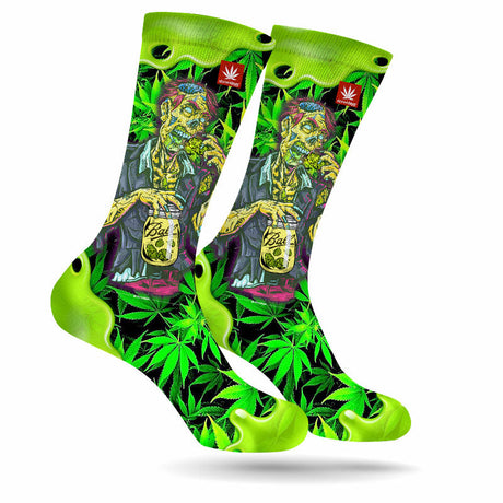 StonerDays Zooted Zombie Weed Socks in vibrant green with UV reactive design, front view on white background