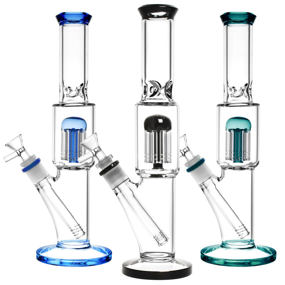 Assorted colors straight water pipes with jellyfish percolators, 12.5" tall, 14mm female joint, on white background