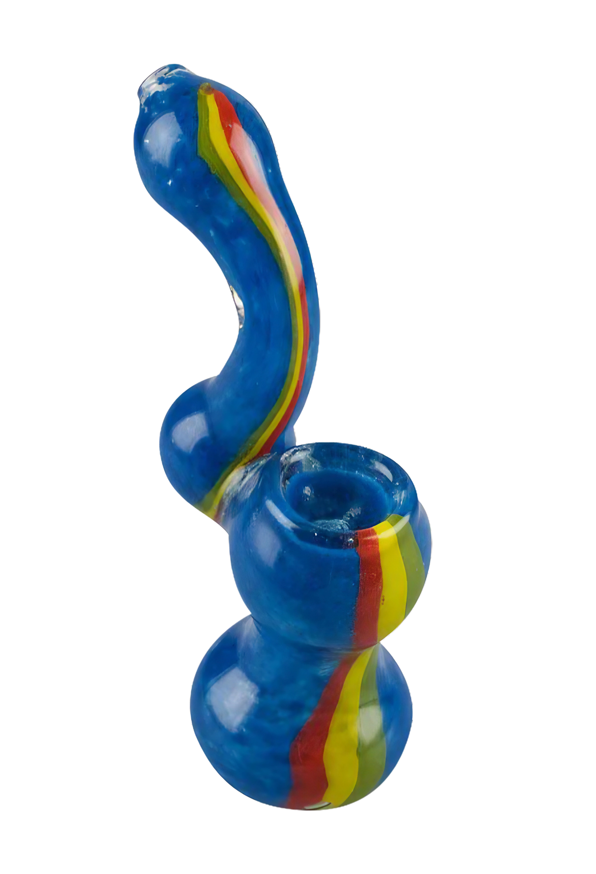 Rasta Stripe Frit Glass Bubbler, 5.75" Borosilicate, Side View on Seamless White