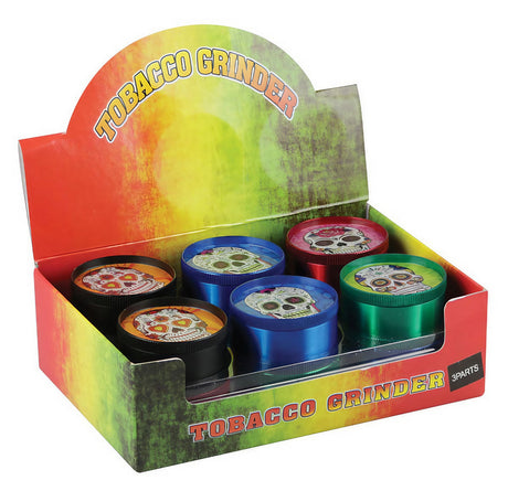 Colorful Sugar Skull Aluminum Grinders 3-Part Variety Pack Displayed in Box, 3" Diameter