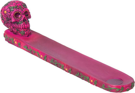 Vibrant pink Sugar Skull Incense Burner with intricate designs, 9.5" polyresin, side view