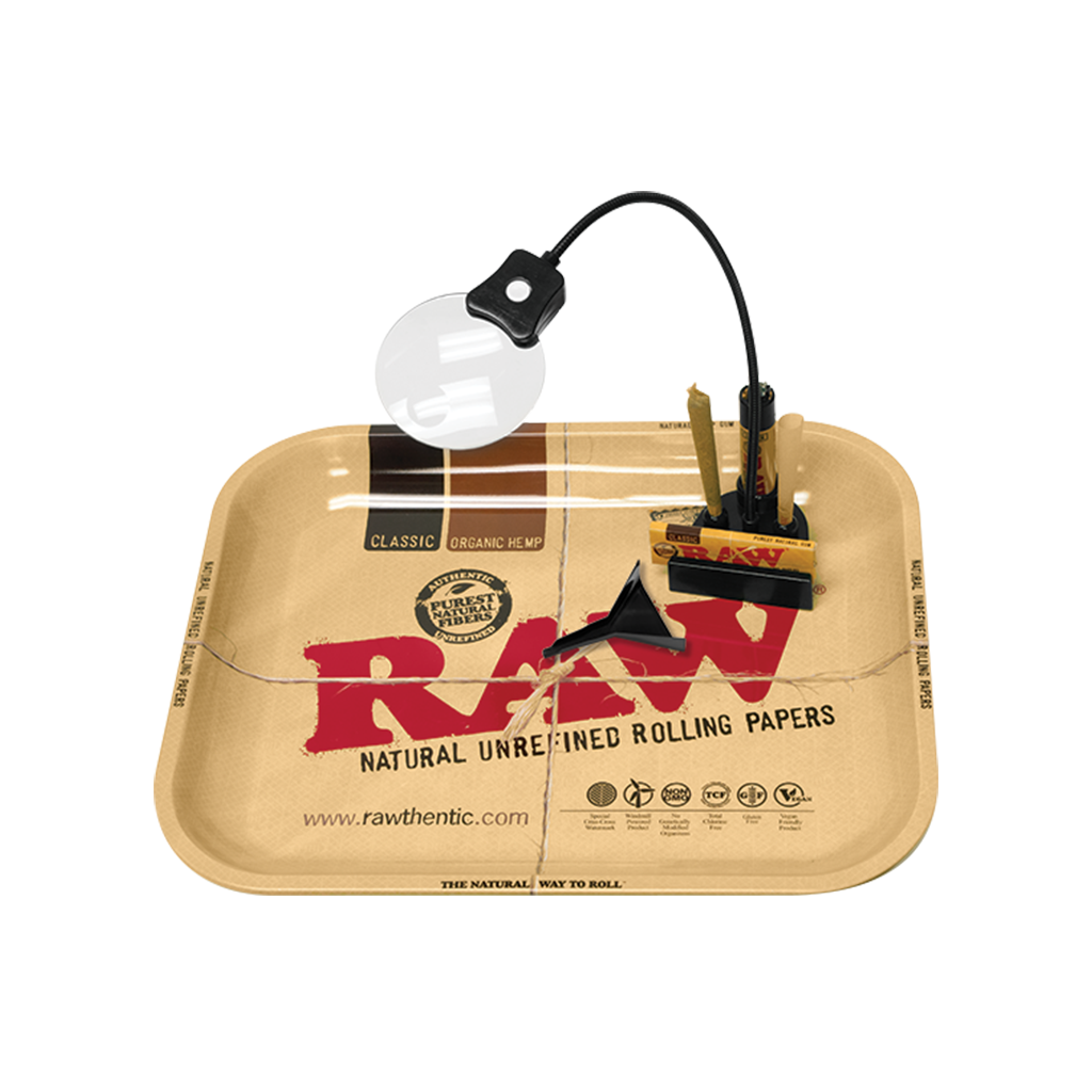 RAW Perspector LED & UV Light Magnifier on Rolling Tray, Top View, Essential for Rollers