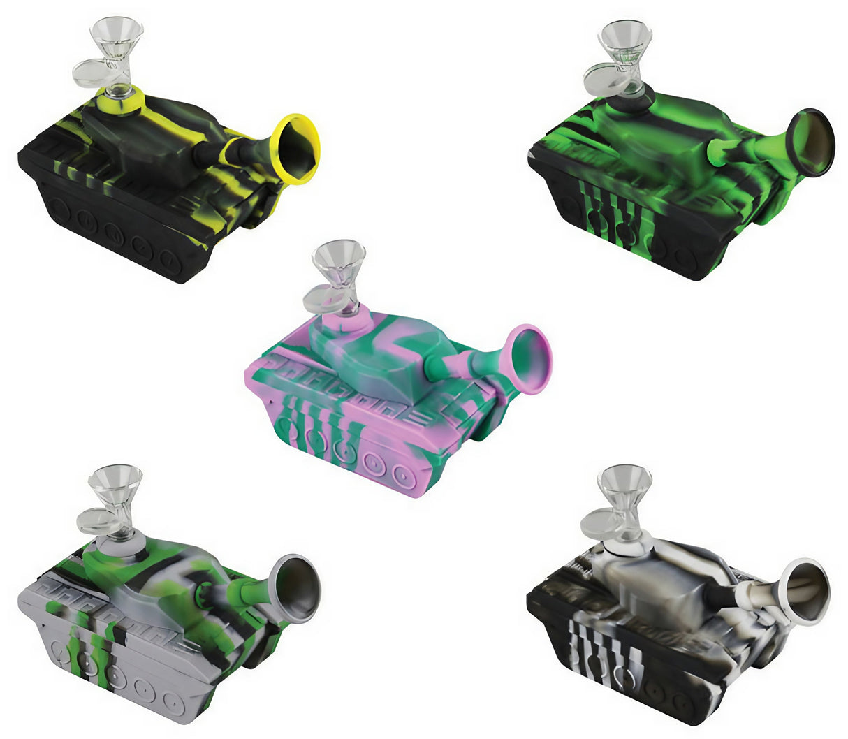 Assorted 6" Tank Silicone Waterpipes with 14mm Female Joint, Bubble Design, Angled View