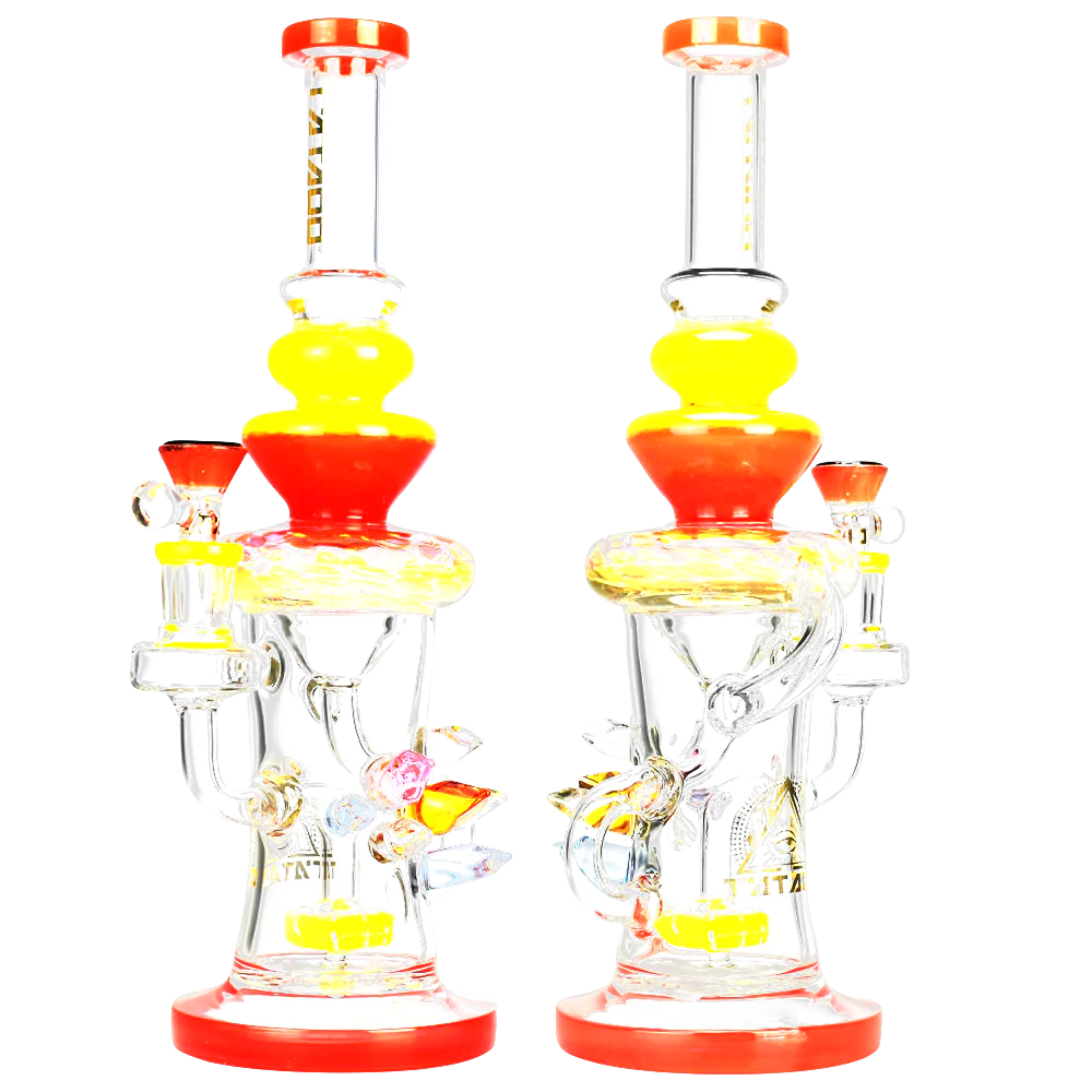 Tataoo Glass Crystal Palace Recycler Dab Rig, Clear with Orange and Yellow Accents, Front and Side Views