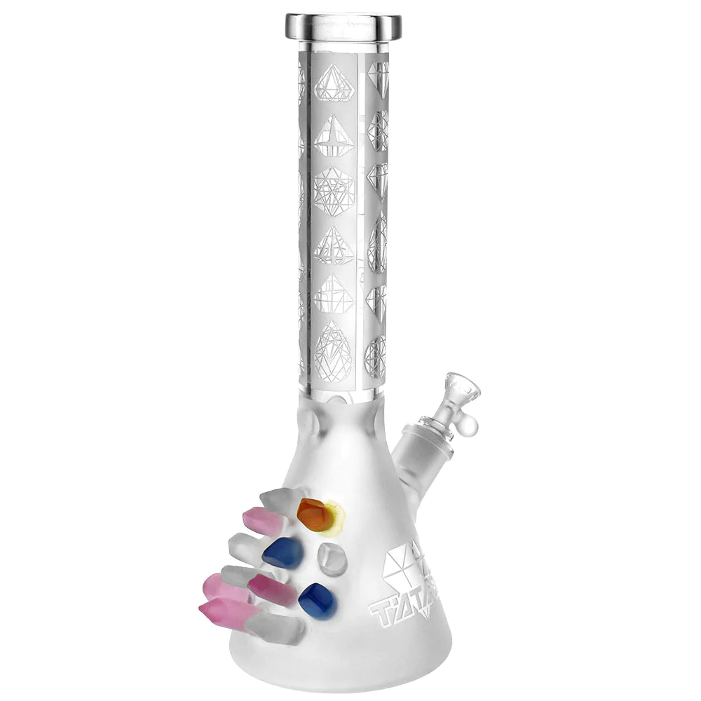 Tataoo Glass Diamonds Beaker Water Pipe with frosted design and colorful accents, front view