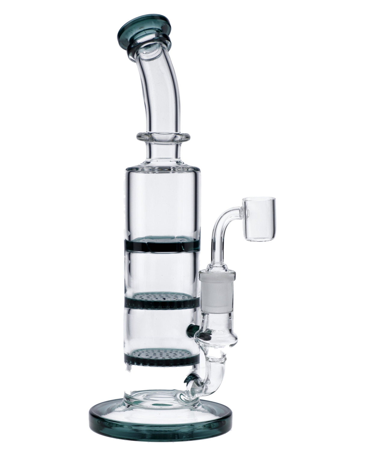 Teal Triple Honeycomb Dab Rig, 9.5in with Clear Borosilicate Glass and 90 Degree Joint, Front View