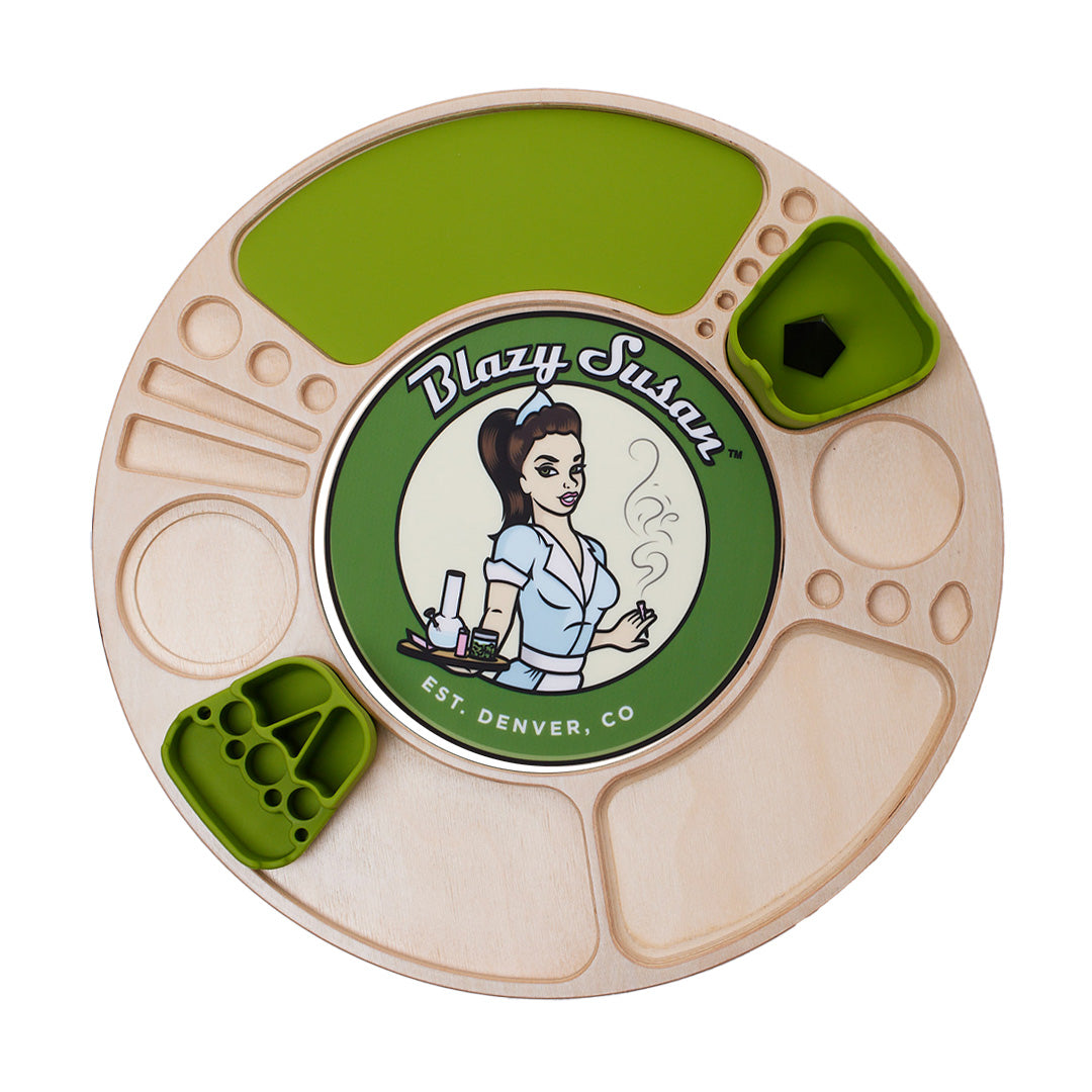 Blazy Susan Spinning Rolling Tray in Green - Top View with Compartments for Smoking Accessories