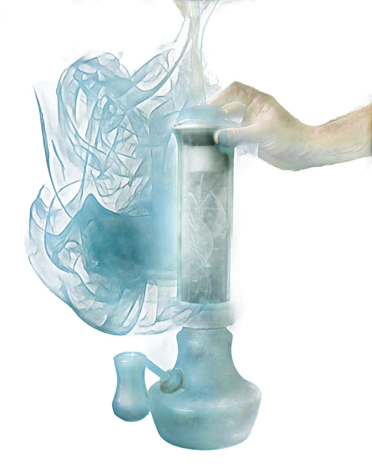 High Rise Gravity Bong by HighRise in action with smoke, clear borosilicate glass with silicone base