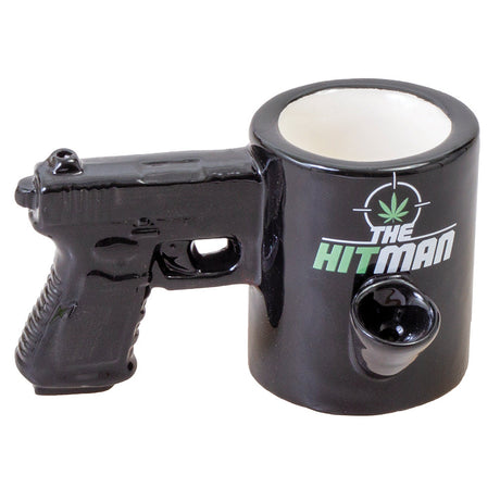The Hitman Ceramic Pipe Mug - 10oz black with side pipe design, front view on white background