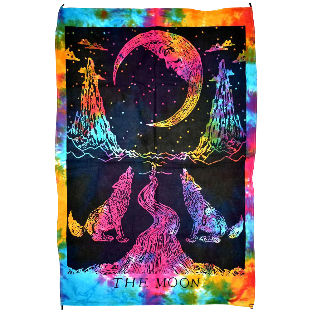 Colorful Tie Dye Cotton Tapestry with The Moon Tarot Card Design, Size 55" x 85"