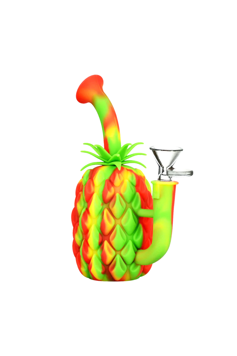Colorful silicone pineapple-shaped bong with glass bowl, 7" tall, 90-degree joint angle