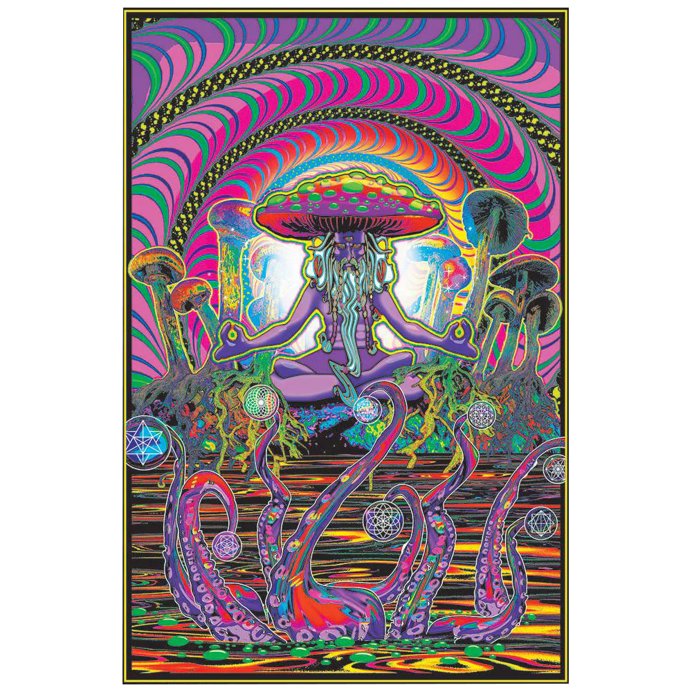The Shroomer Sage Blacklight Poster featuring vibrant neon mushrooms and psychedelic patterns, 24" x 36"