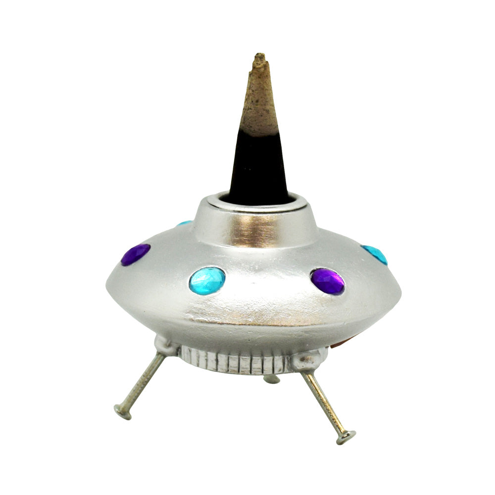 Silver "Space Ship" Backflow Incense Burner with Colorful Accents - Front View