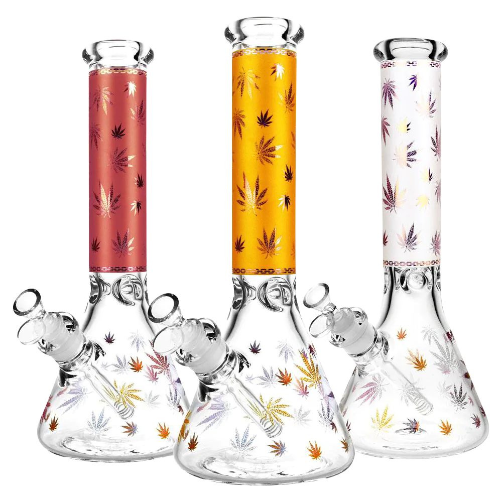Trio of "Trees" Foil Canna-Leaf Print Beaker Bongs with heavy wall borosilicate glass