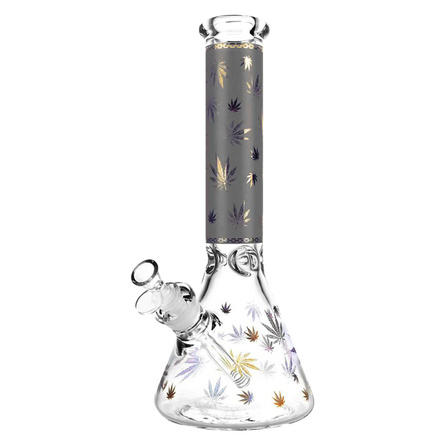 14" 'Trees' Foil Canna-Leaf Print Beaker Bong with 45 Degree Joint Front View
