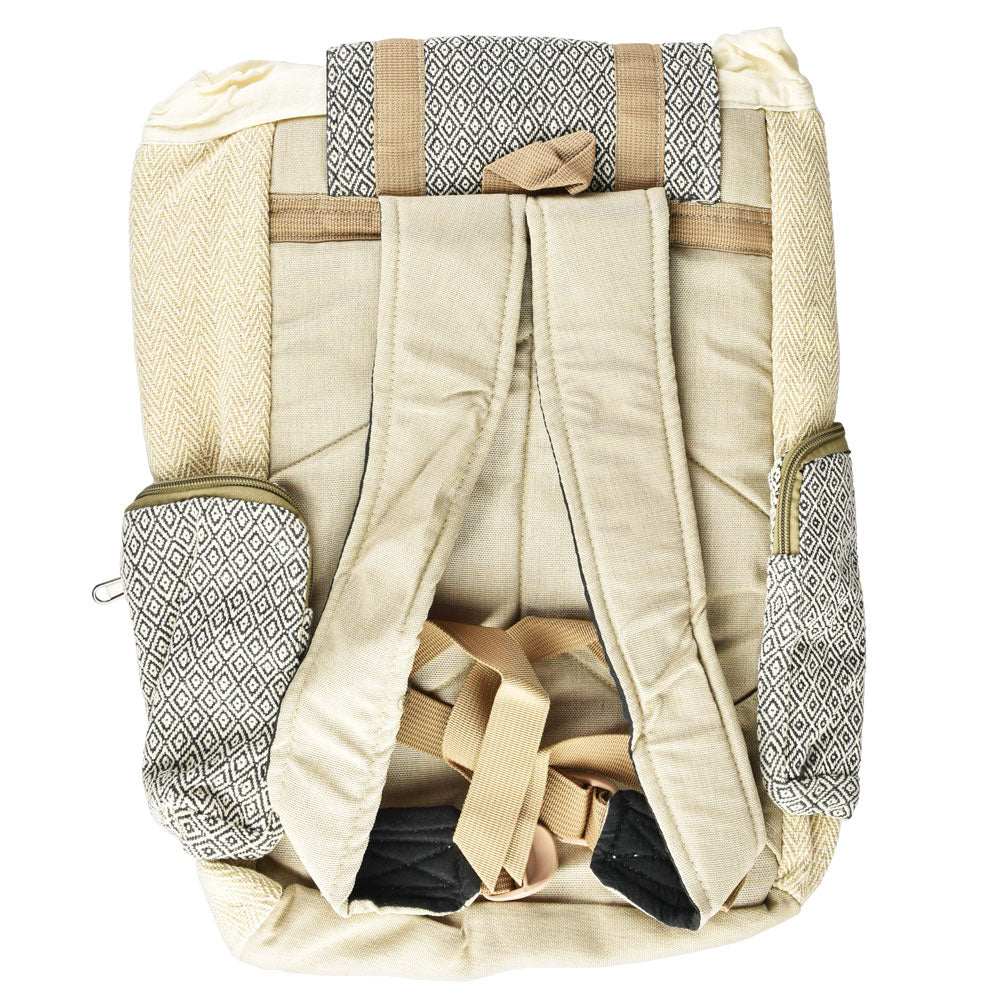 ThreadHeads Himalayan Hemp Backpack with Diamond Pattern, Tan & Black, 12"x16" Top View