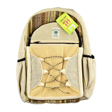ThreadHeads Himalayan Hemp Backpack with laced front and mixed color design, front view