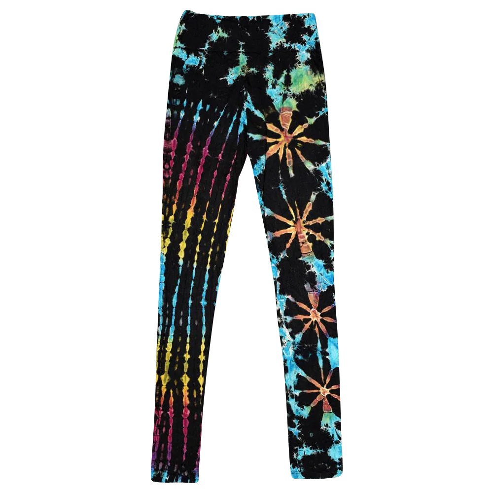 ThreadHeads Night City Lights Tie-Dye Rayon Leggings with vibrant colors, front view on white background