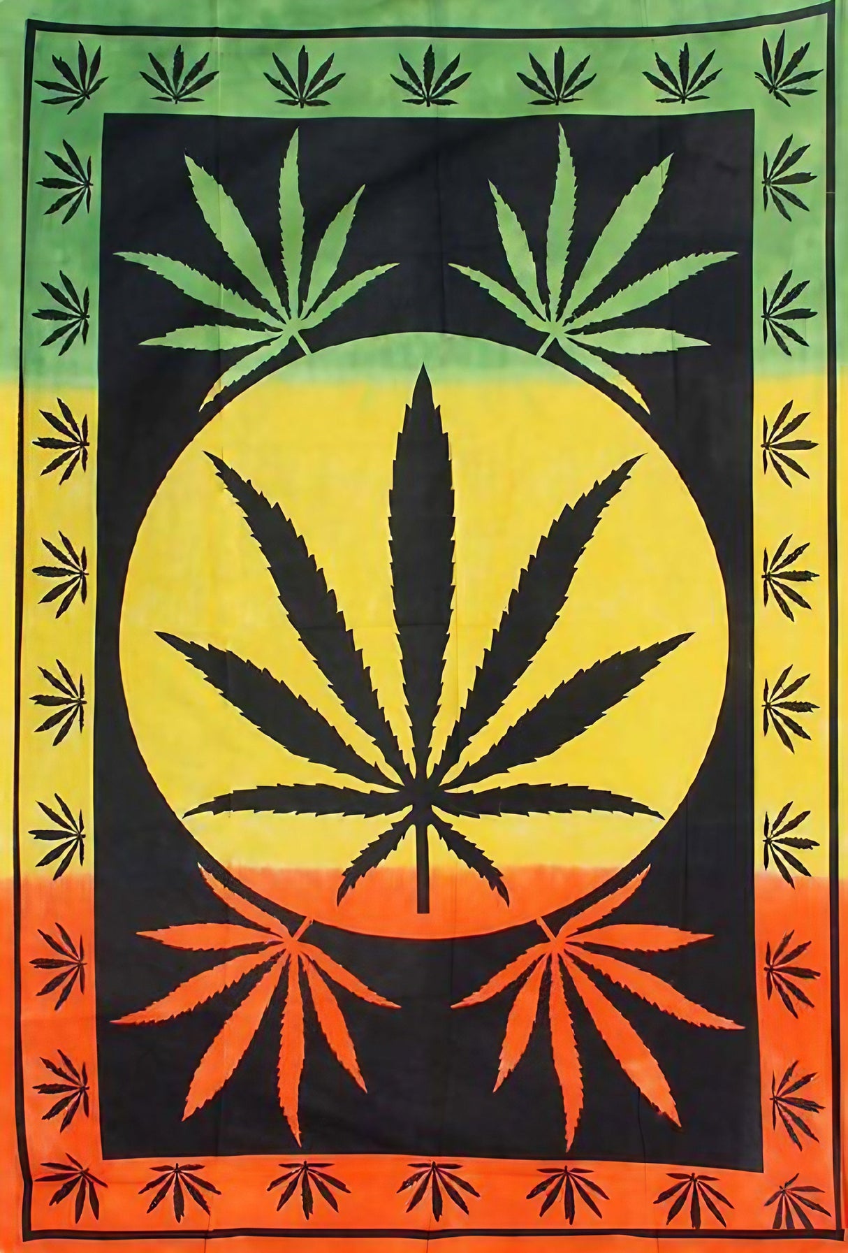 ThreadHeads Rasta Hemp Leaf Cotton Tapestry in Bright Colors, Full View - 55" x 85"