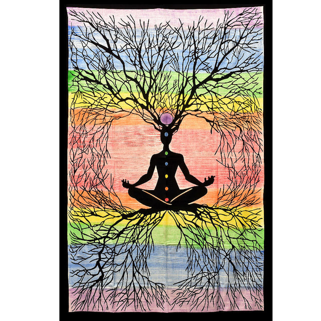 ThreadHeads Rooted Chakra Meditation Tapestry, 55" x 83", with Rainbow Colors and Tree Design