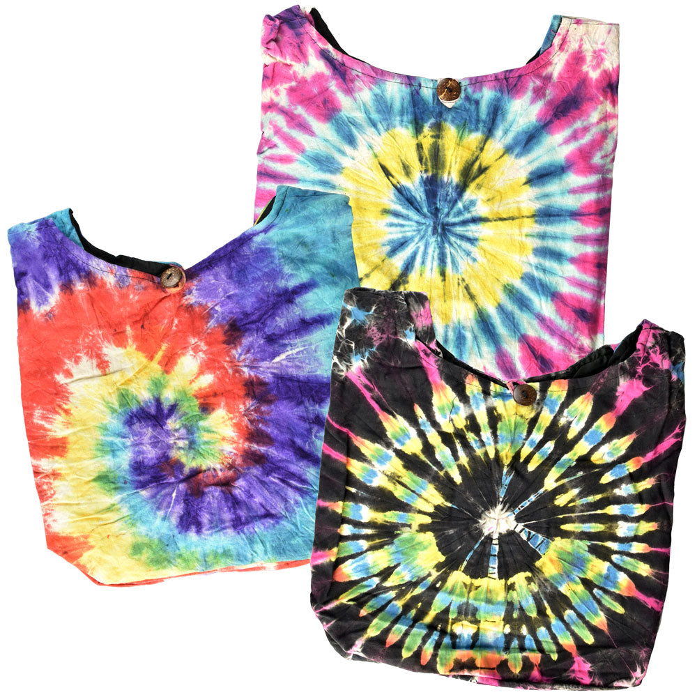 Assorted ThreadHeads Tie-Dye Cotton Sling Bags in vibrant colors with a front button closure