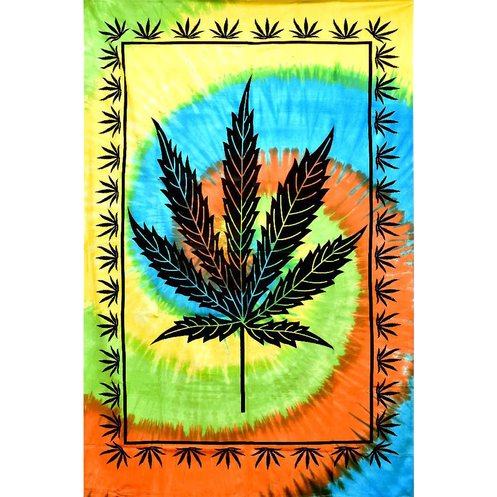 ThreadHeads Tie-Dye Hemp Leaf Cotton Tapestry, Full View with Vibrant Colors