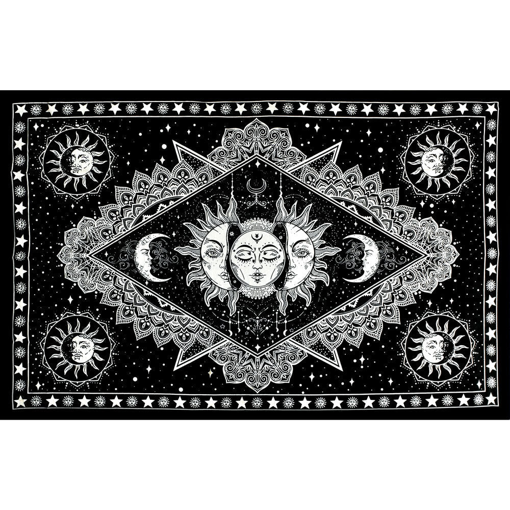 ThreadHeads Triple Face Sun & Moon Tapestry in Black & White, 83" x 55", Cotton Wall Art