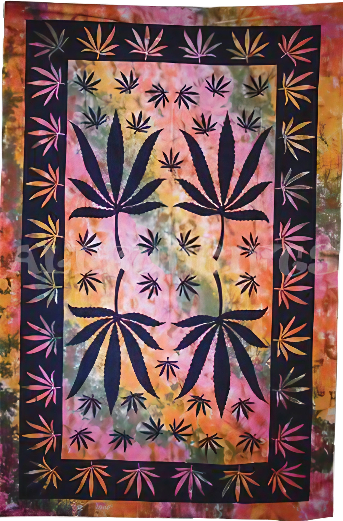 Colorful Tie-Dye Cannabis Leaf Cotton Tapestry, 55" x 85", Full Frontal View for Home Decor
