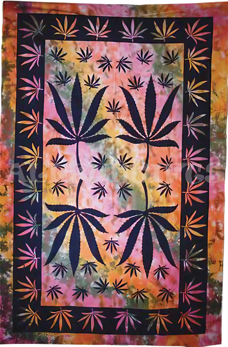 Colorful Tie-Dye Cannabis Leaf Cotton Tapestry, 55" x 85", Full Frontal View for Home Decor