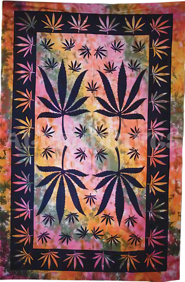 Colorful Tie-Dye Cannabis Leaf Cotton Tapestry, 55" x 85", Full Frontal View for Home Decor