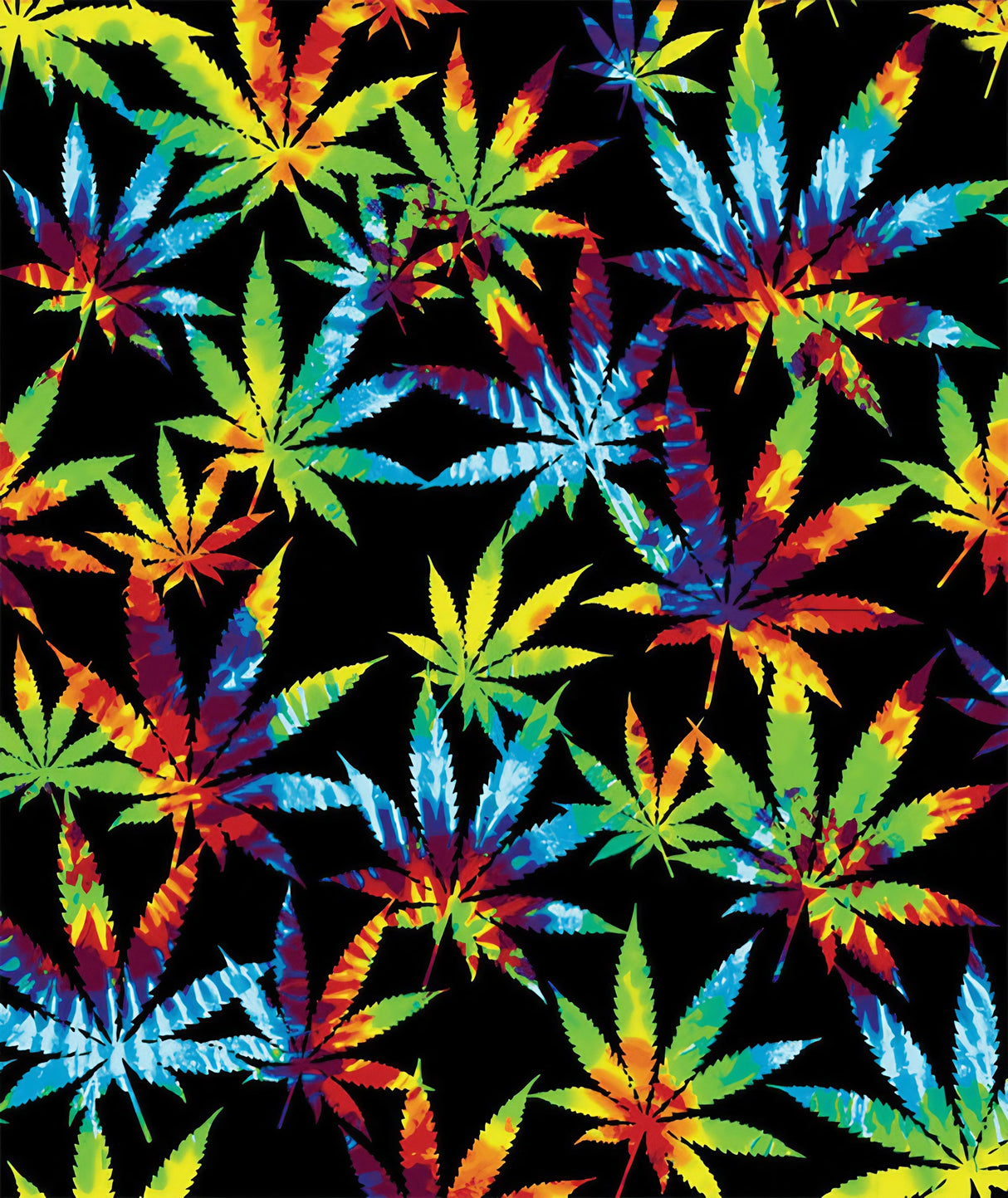 Colorful tie-dye hemp leaf pattern on a large fleece blanket, 79" x 94" size, ideal for cozy home decor