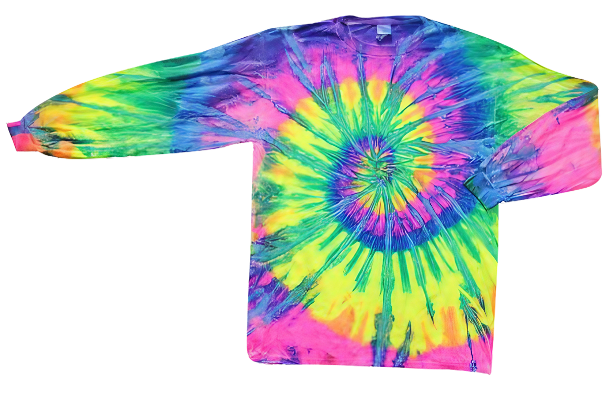 Neon Rainbow Tie-Dye Long Sleeve T-Shirt laid flat on white background