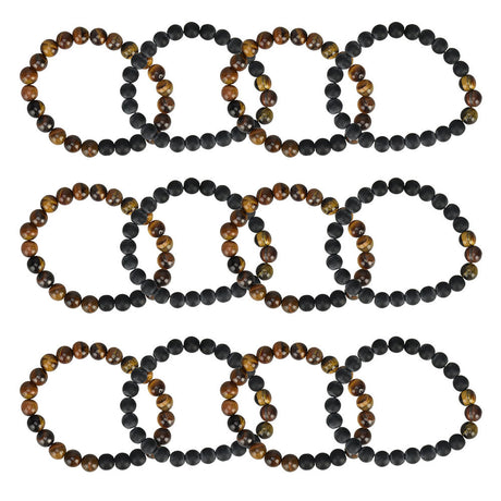 12pc bundle of Tigers Eye & Lava Stone Bracelets, elegant unisex design, top view on white