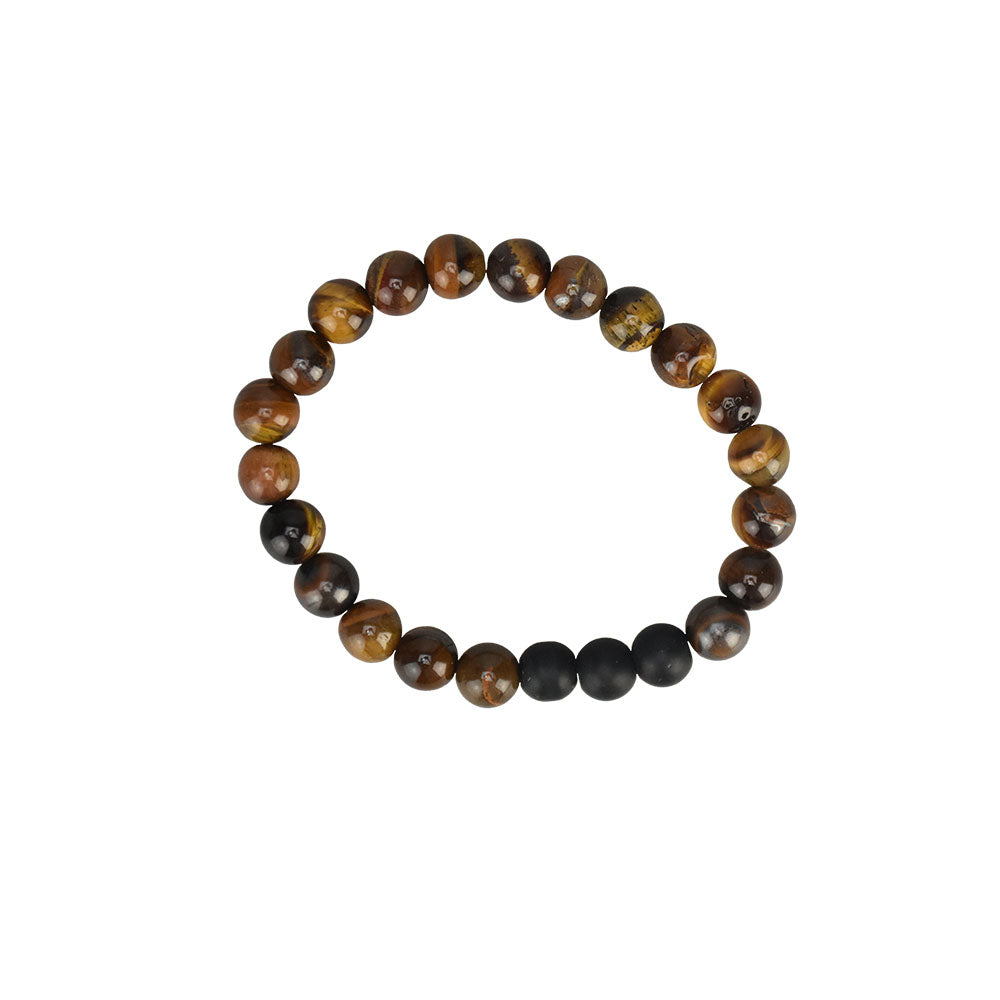 Tigers Eye & Lava Stone Bracelet on white background, showcasing natural stone variation