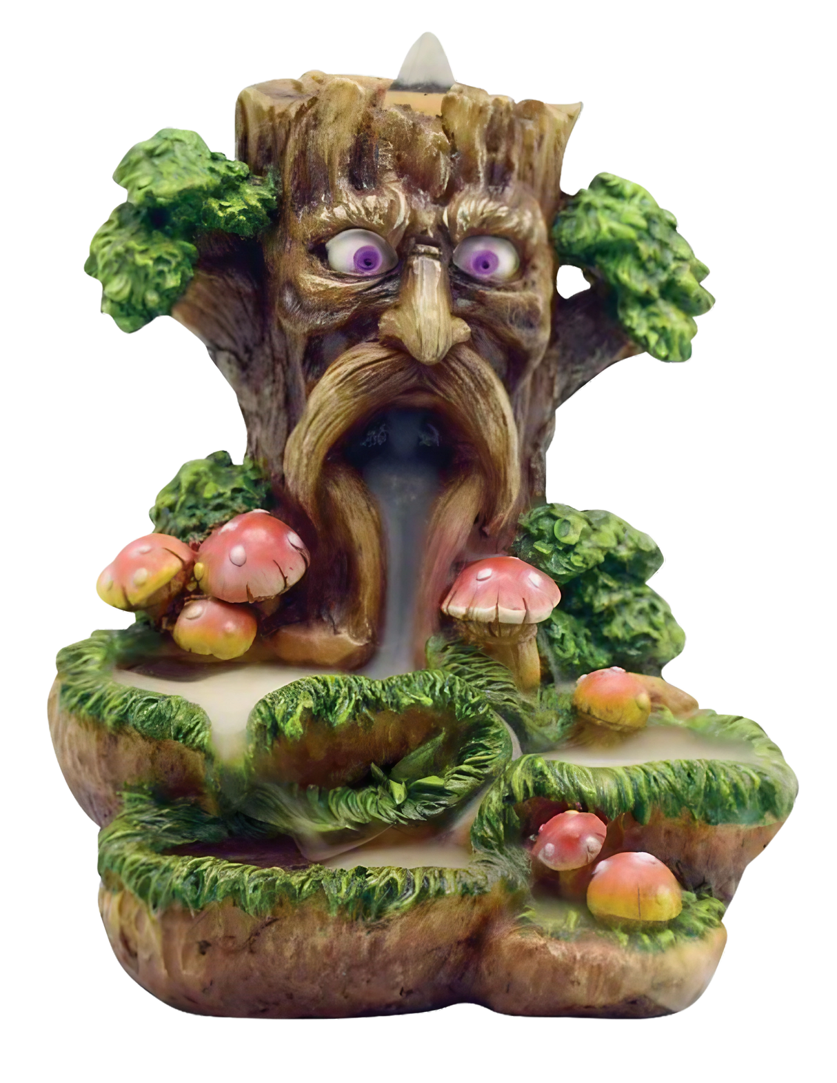 Polyresin Tree Backflow Incense Burner with Cascading Streams and Mushrooms, Front View