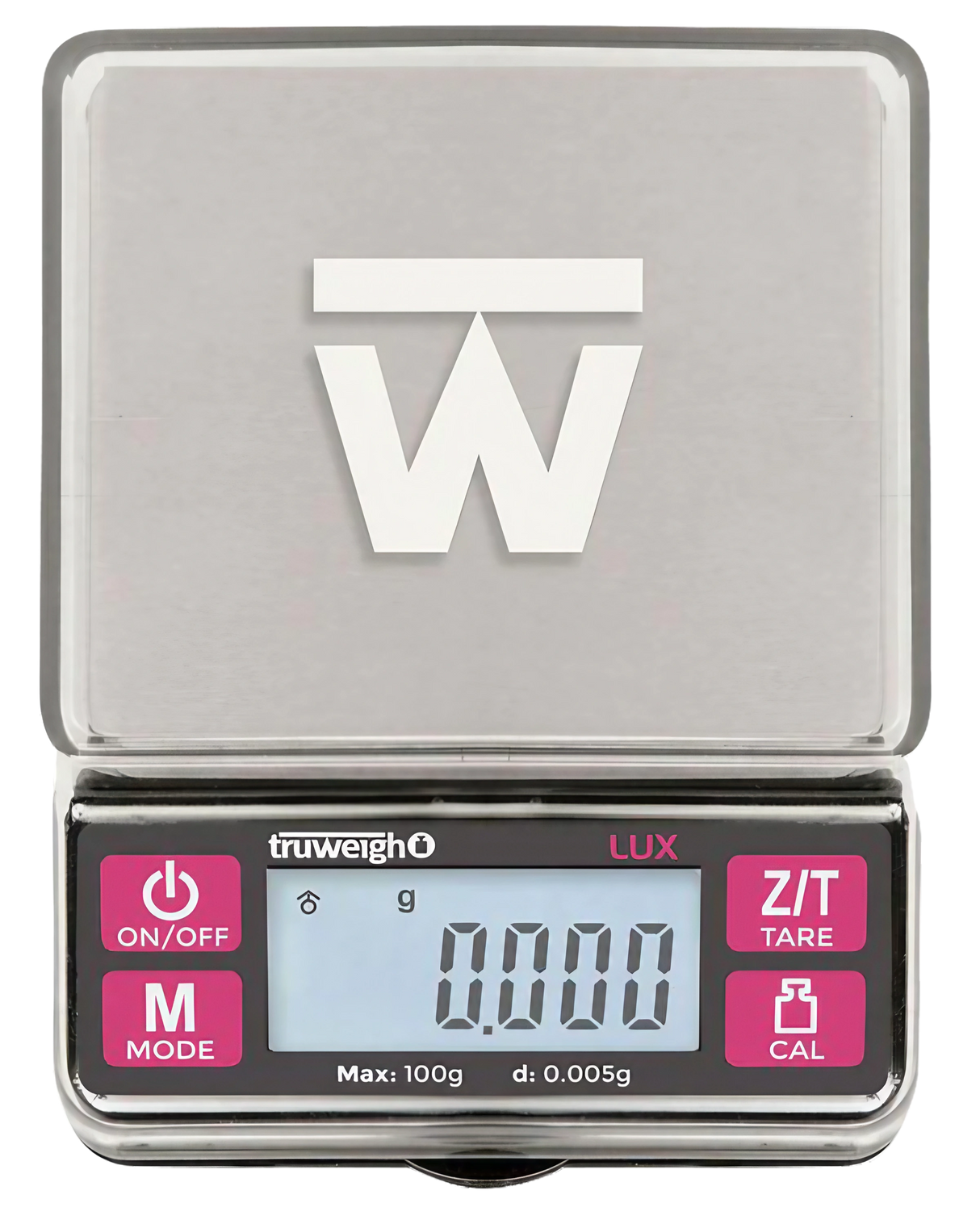 Truweigh Black Lux Digital Mini Scale front view showing clear LED display and buttons