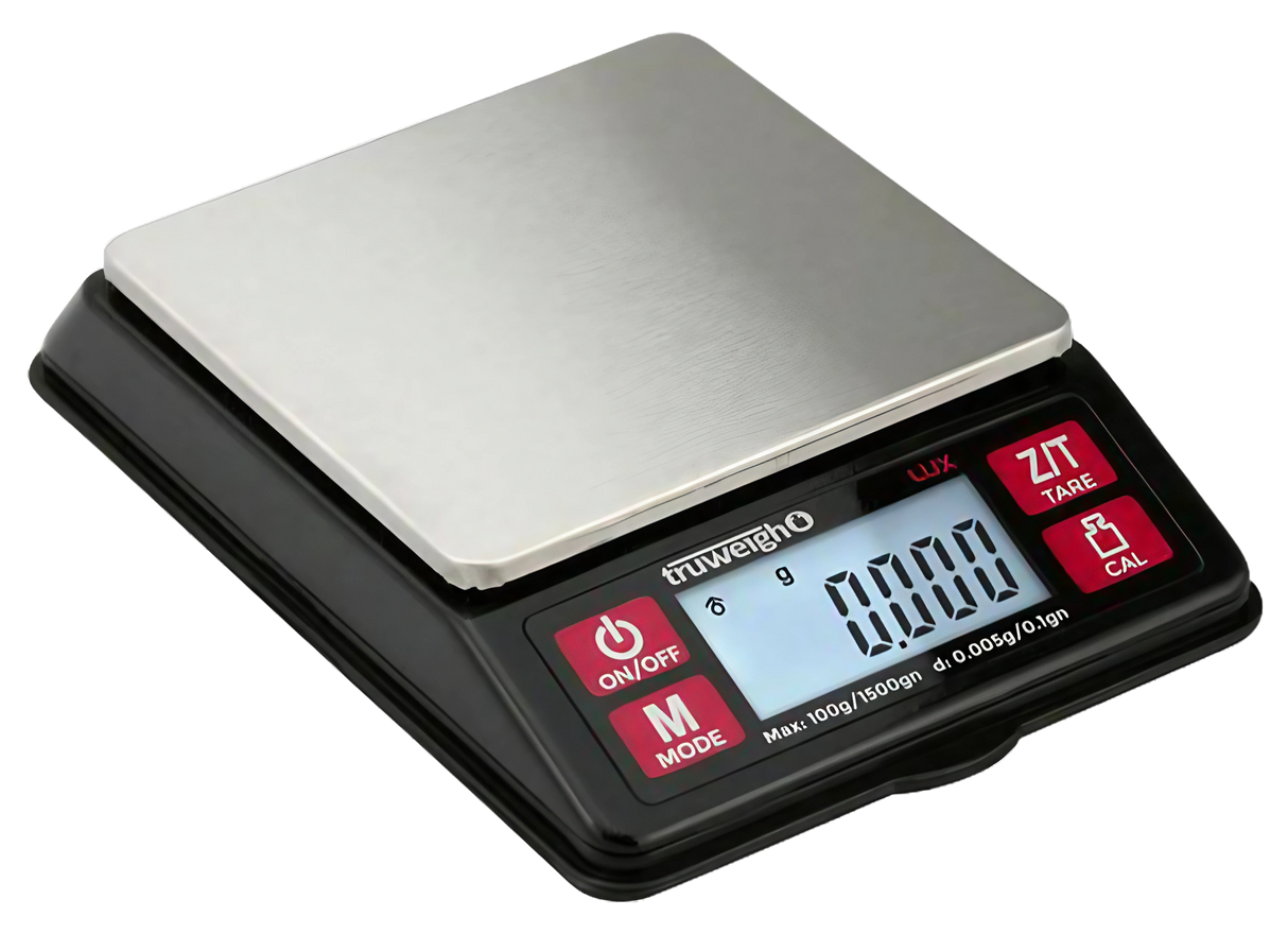 Truweigh Black Lux Digital Mini Scale angled view with illuminated display