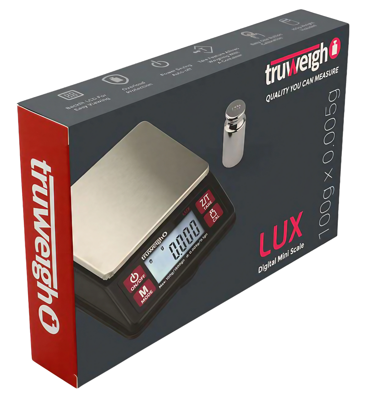 Truweigh Black Lux Digital Mini Scale on box, precise 0.005g readability, battery-powered, portable design