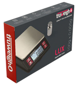 Truweigh Black Lux Digital Mini Scale on box, precise 0.005g readability, battery-powered, portable design