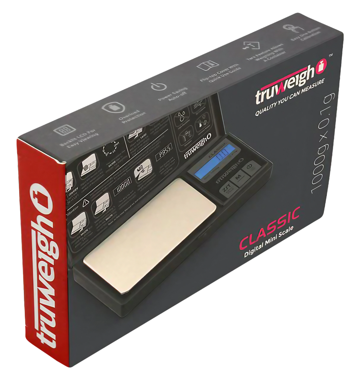 Truweigh Classic Digital Mini Scale in black, compact design, 1000g x 0.1g, angled view