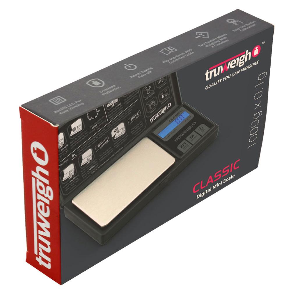 Truweigh Classic Digital Mini Scale in black, 1000g x 0.1g, portable design, angled box view