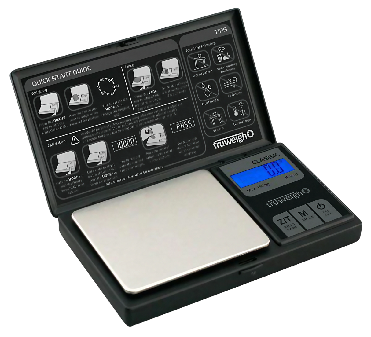 Truweigh Classic Digital Mini Scale open view, 1000g x 0.1g, portable black design with blue LCD